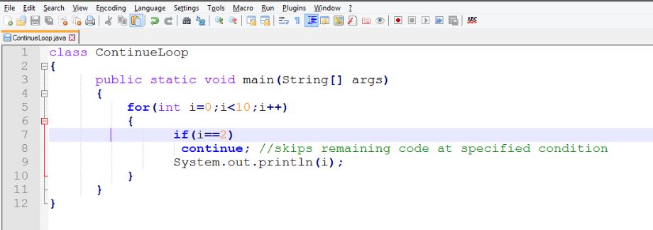 This image describes the sample program of continue statement in java.